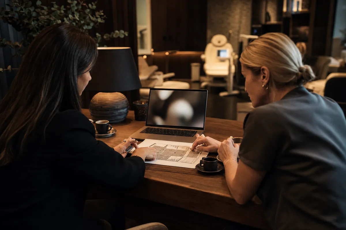 A working session at a practice desk, two people over a printed page plan beside a laptop.