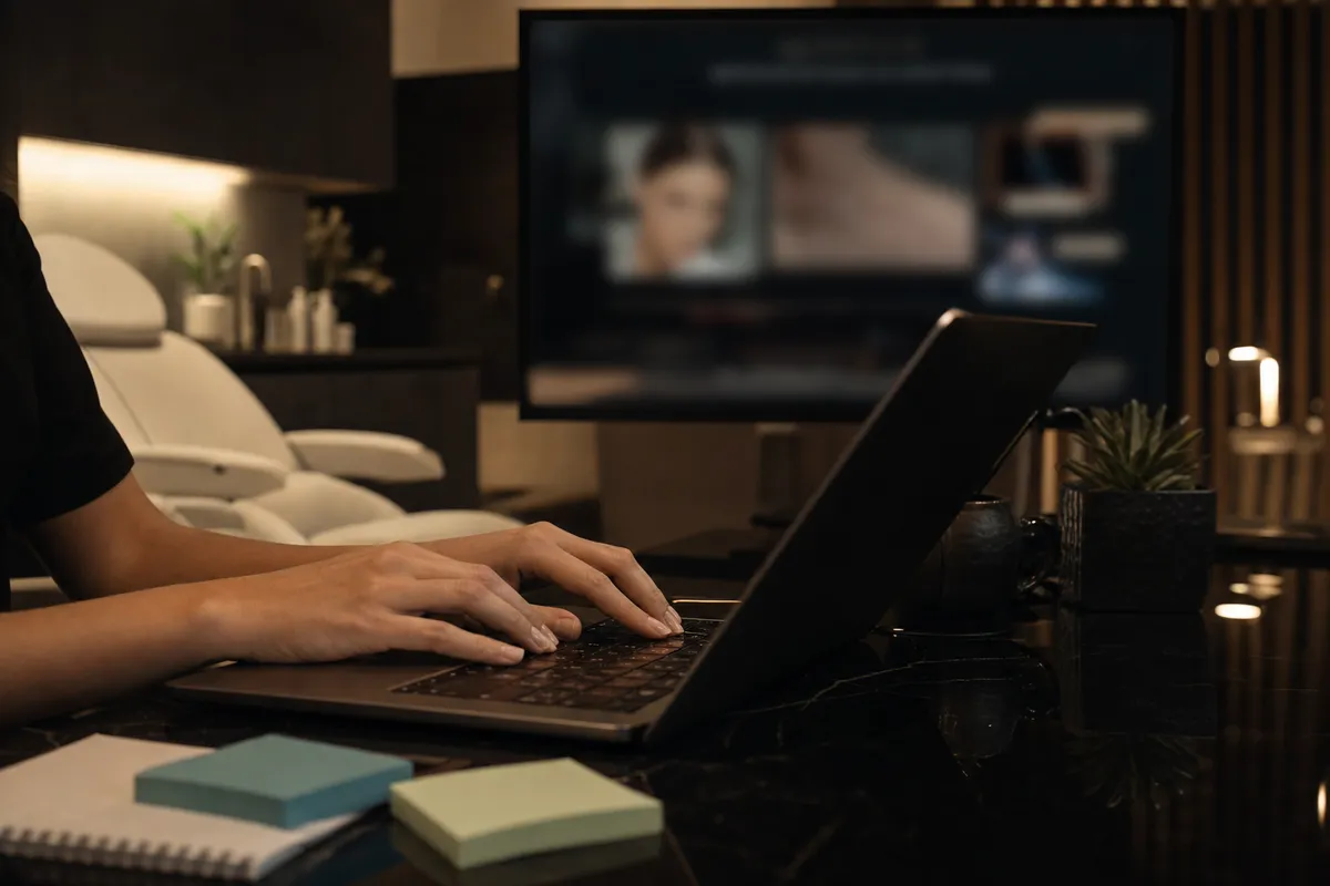 Hands at a laptop with a page layout taking shape on a monitor beyond.