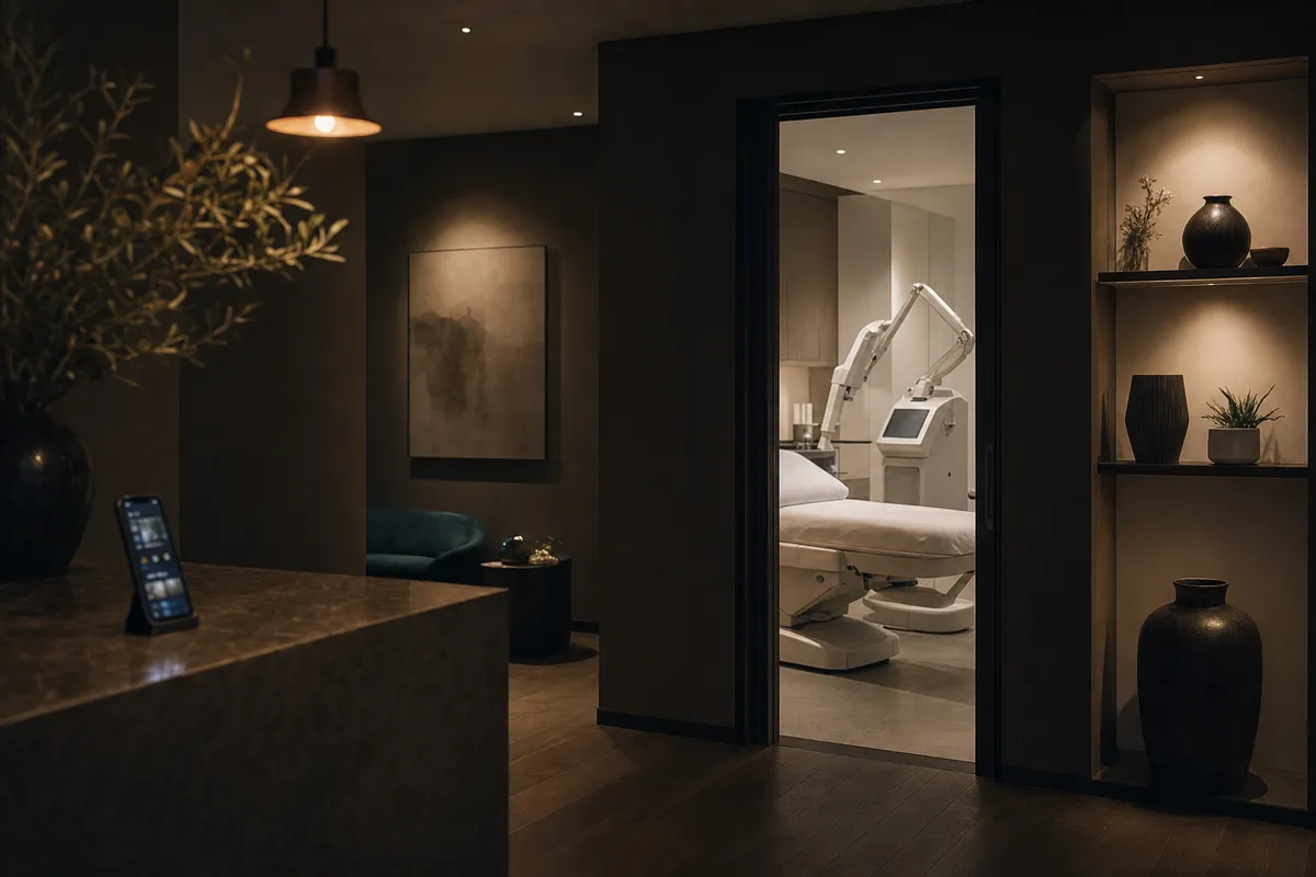 A phone glowing on the reception counter, the lit treatment room and its device beyond the doorway.