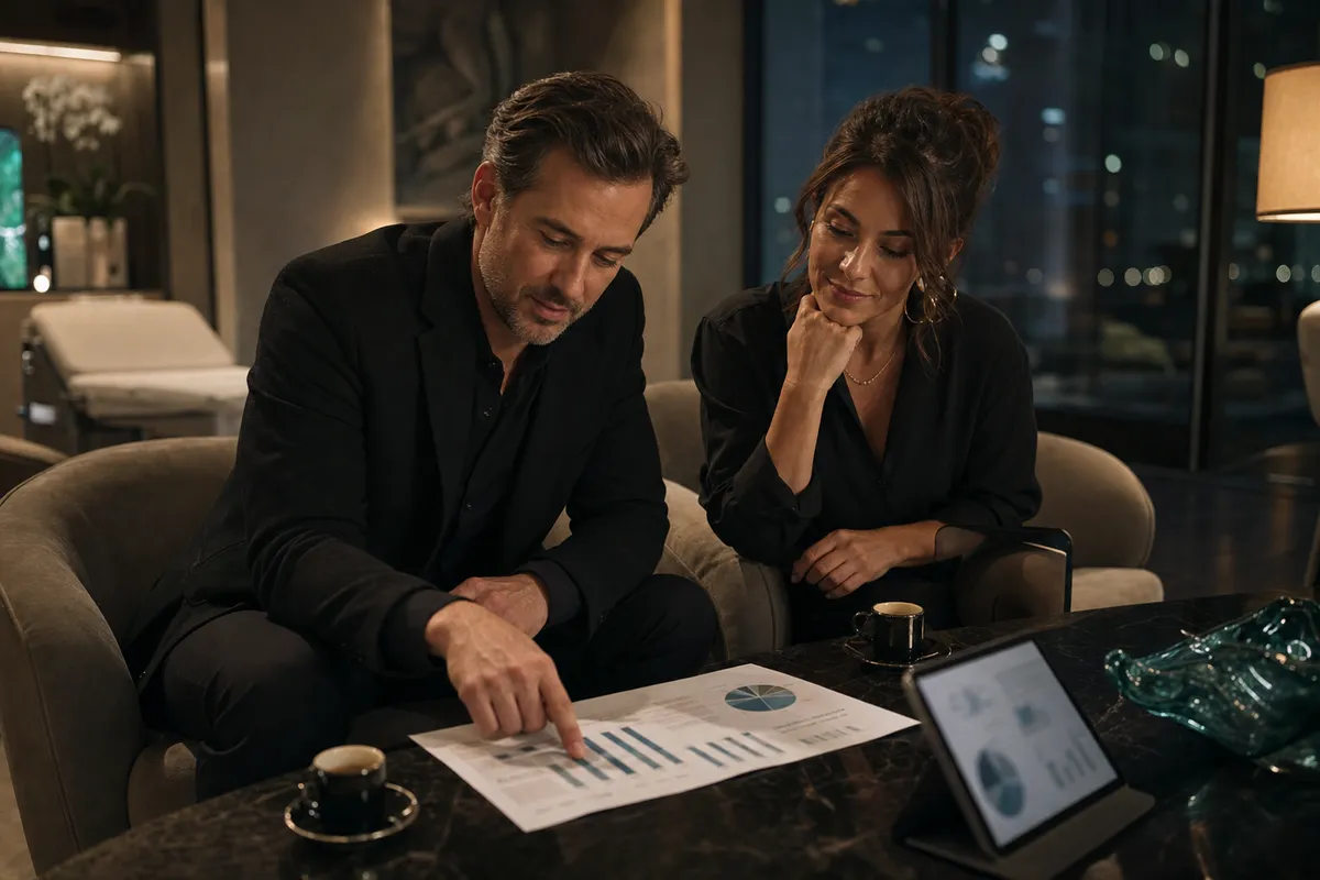 A practice owner and consultant reviewing a printed performance report beside a tablet of charts.